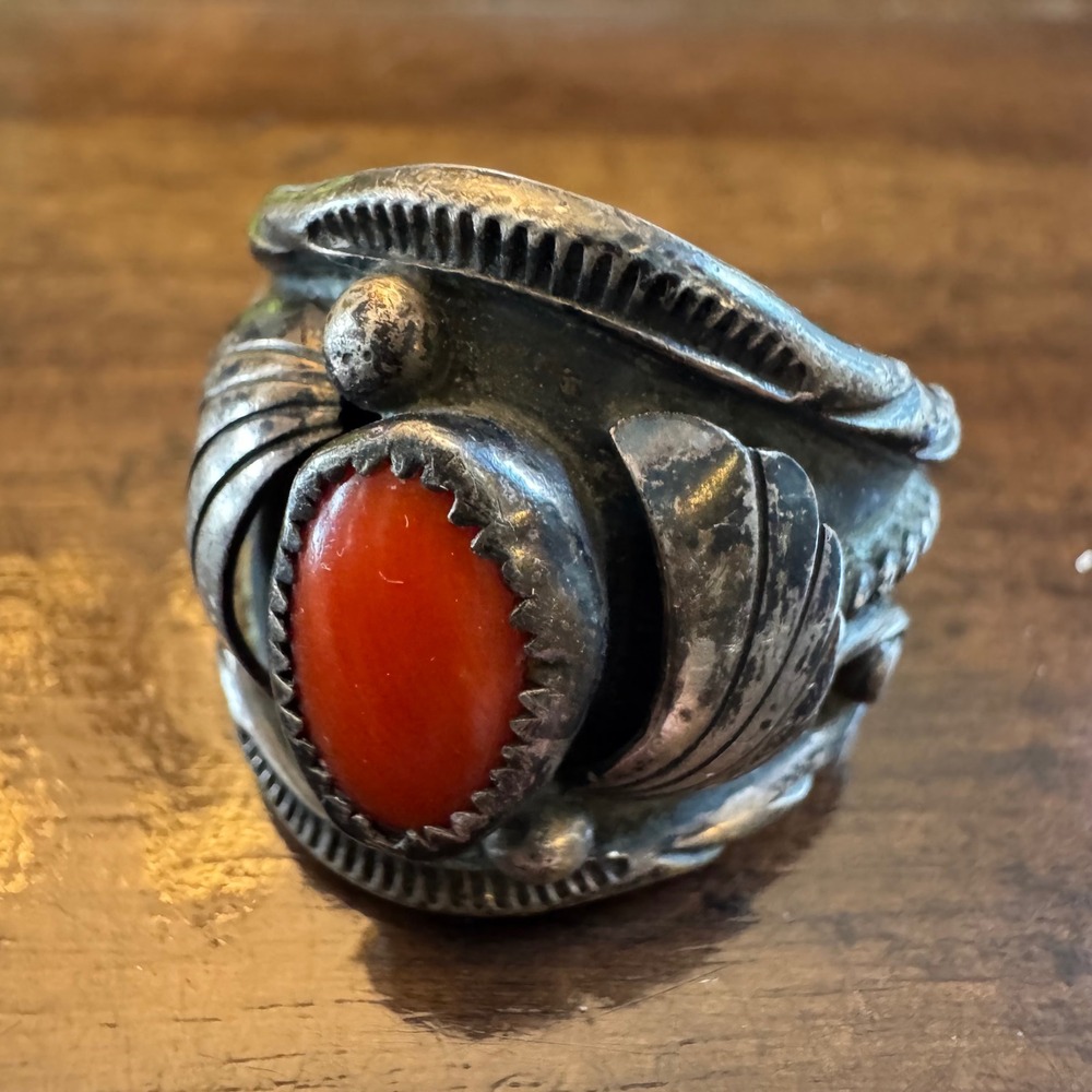 Navajo Ring Mens Size 12 Silver Red Coral LJ Signed Leaf Stamped Southwestern